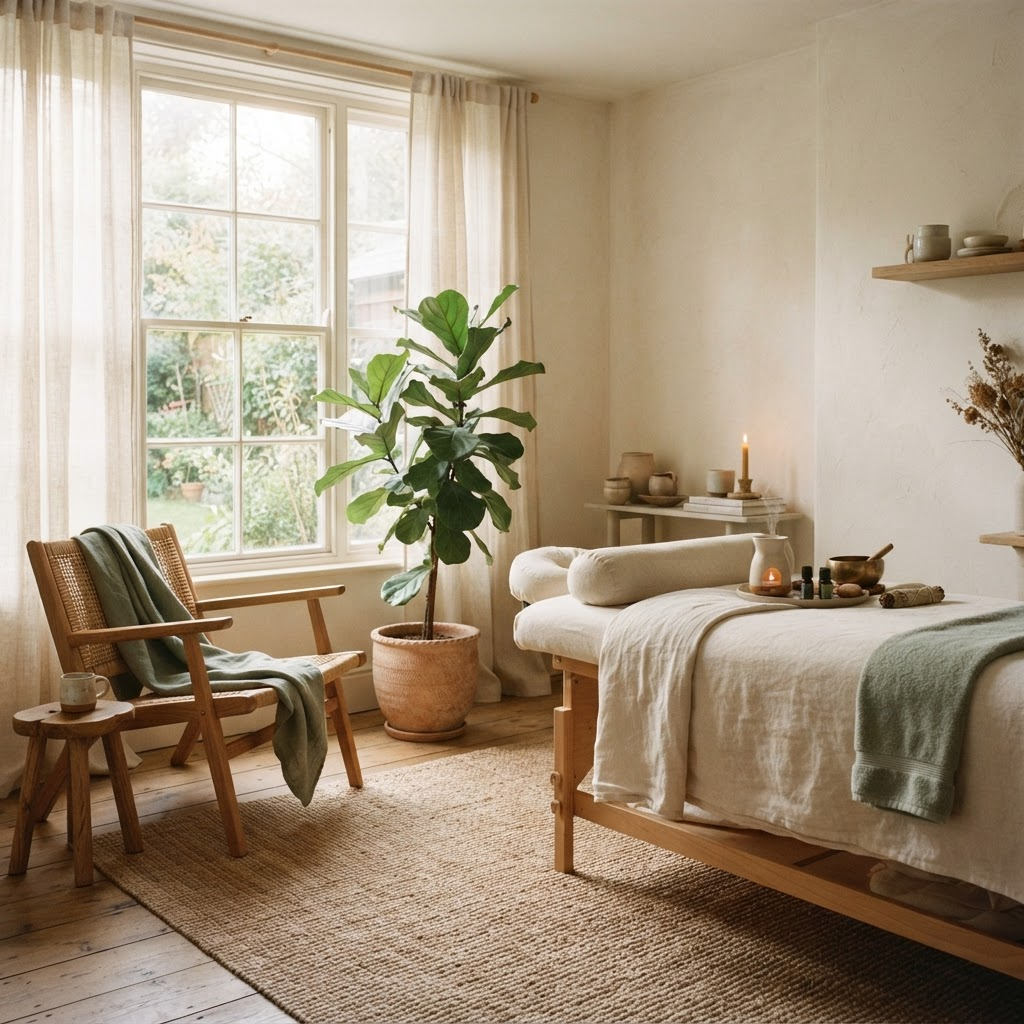 Consultorio holístico con luz natural, textiles de lino y una planta verde
